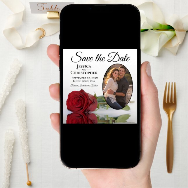Romantic Red Rose on White with Oval Photo Wedding Save The Date (Front Digital)