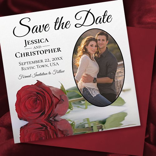 Romantic Red Rose on White with Oval Photo Wedding Save The Date