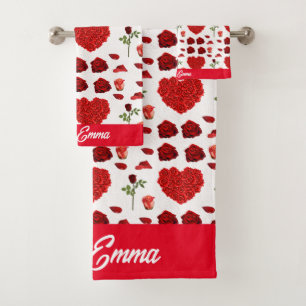 Romantic Red Rose Petal Heart Design Bath Towel Set