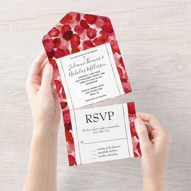 Romantic Red Rose Petals Wedding All In One Invitation (Tearaway)