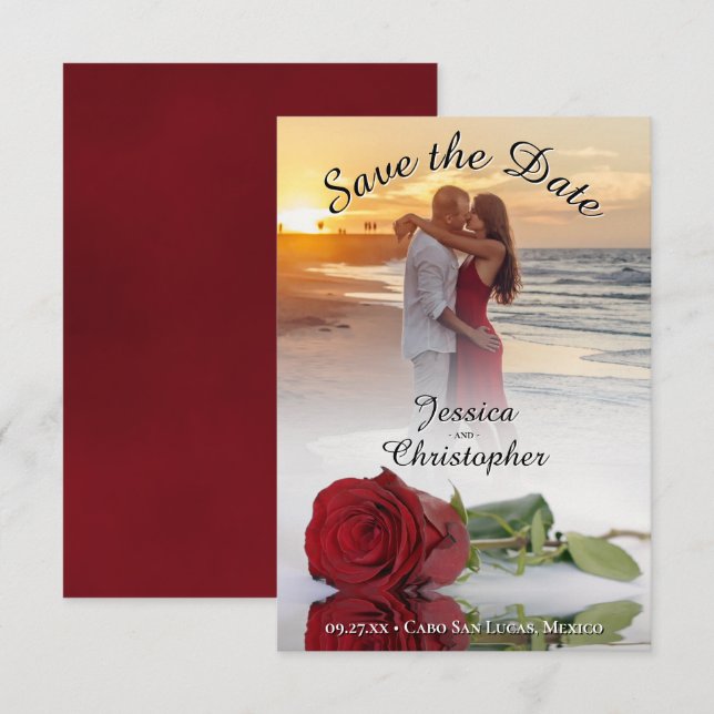 Romantic Red Rose Photo Overlay Black Text Wedding Save The Date (Front/Back)