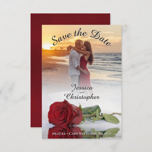 Romantic Red Rose Photo Overlay Black Text Wedding Save The Date
