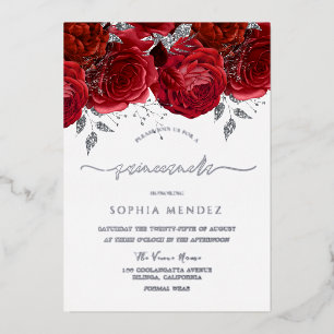 Romantic Red Rose Quinceanera SIlver Foil Invitation