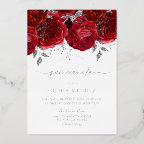 Romantic Red Rose Quinceanera SIlver Foil Invitation