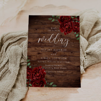 Romantic Red Rose Rustic Wood Wedding  Invitation by Nicheandnest at Zazzle