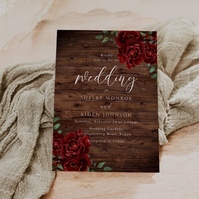 Romantic Red Rose Rustic Wood Wedding  Invitation (Creator Uploaded)