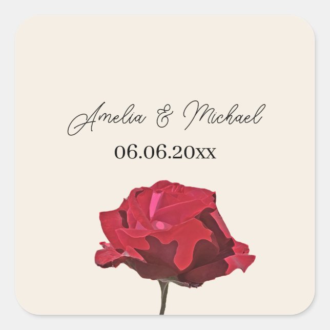 Romantic Red Rose Save the Date Square Sticker (Front)