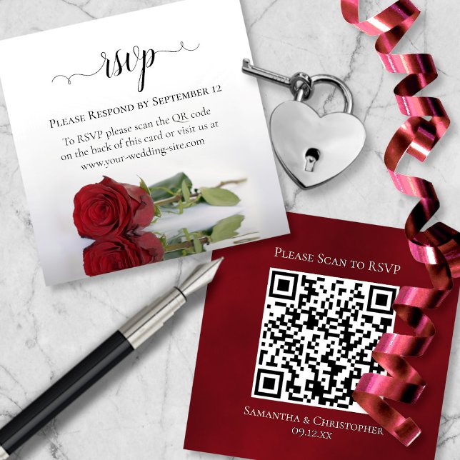 Romantic Red Rose Wedding RSVP QR Code Enclosure Card (Front/Back)