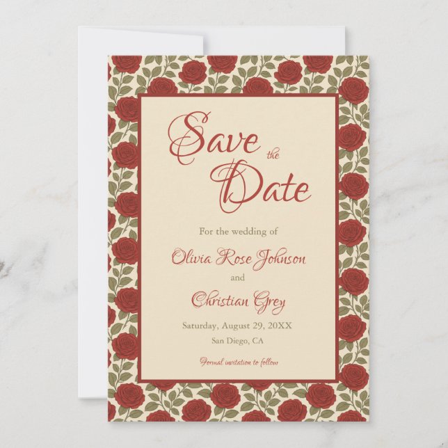 Romantic Red Rose Wedding Save the Date (Front)