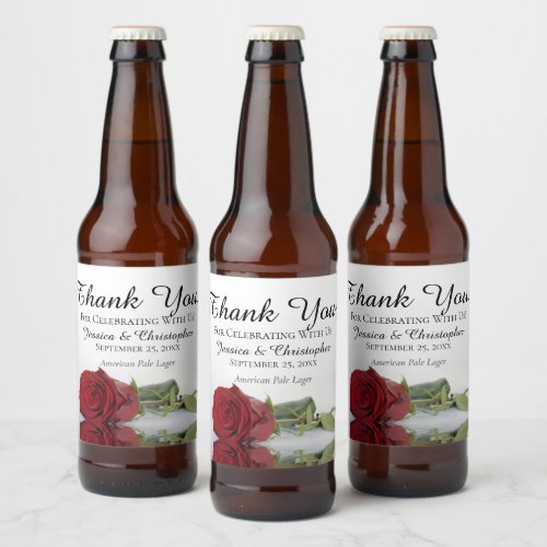 Romantic Red Rose Wedding Thank You Beer Bottle Label