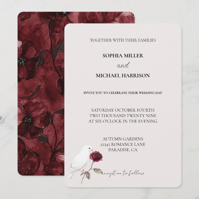 Romantic Red Rose White Bird Floral Wedding Invitation (Front/Back)