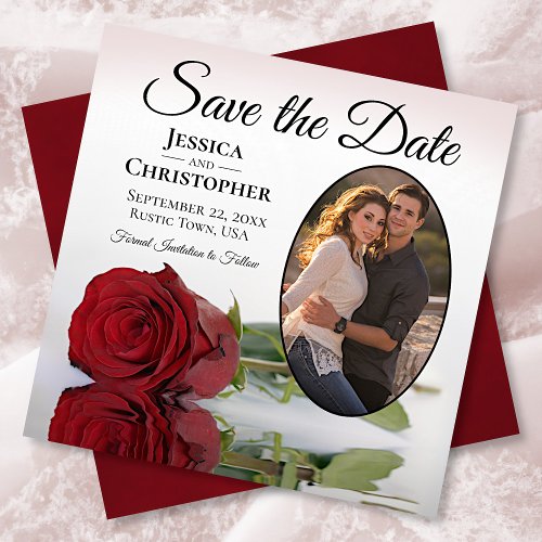 Romantic Red Rose with Oval Photo Wedding Save The Date