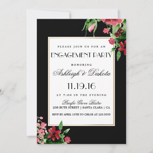 Romantic Red Rosebud Engagement Party Invitation - Romantic Red Rosebud Engagement Party by Eugene Designs. This modern, stylish engagement party invitation is jet black on both the front and back. Opposite diagonal corners are embellished with pretty pink and red watercolor hedgerow flowers, rosebuds and green leaves. Elegant Art Deco fonts are contrasted with cursive Flemish Script and double-spaced bold roman for legibility. There is a white overlay with golden border that the leaves and flowers delicately overlap.