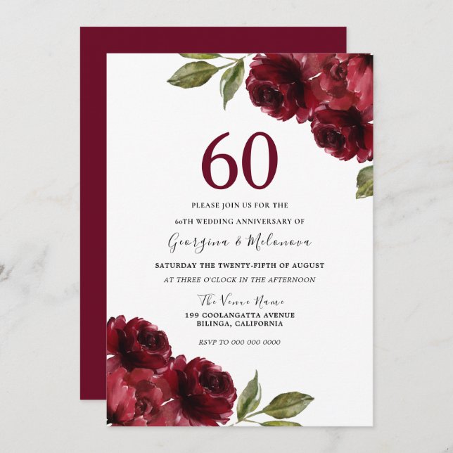 Romantic Red Roses 60th Wedding Anniversary Invitation (Front/Back)