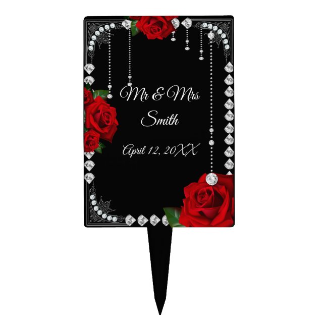 Romantic Red Roses And Diamond Wedding Cake Topper (Front)