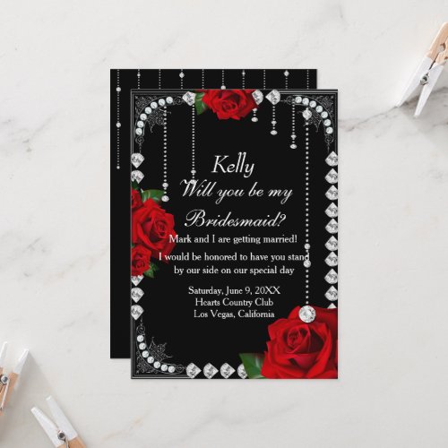 Romantic Red Roses And Diamonds Bridesmaid Invitation