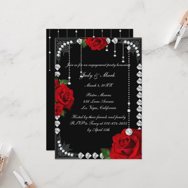Romantic Red Roses And Diamonds Engagement Party Invitation (Front/Back In Situ)