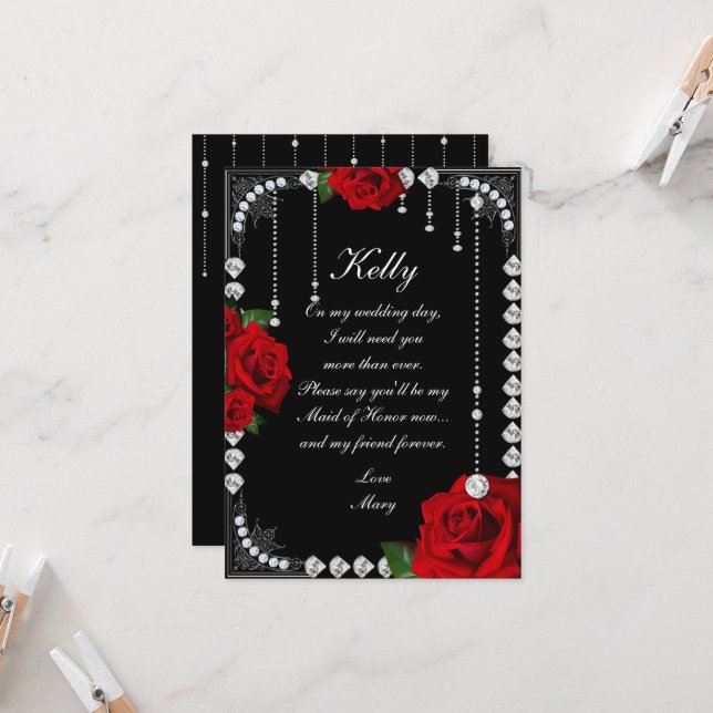 Romantic Red Roses And Diamonds Maid Of Honor Invitation (Front/Back In Situ)