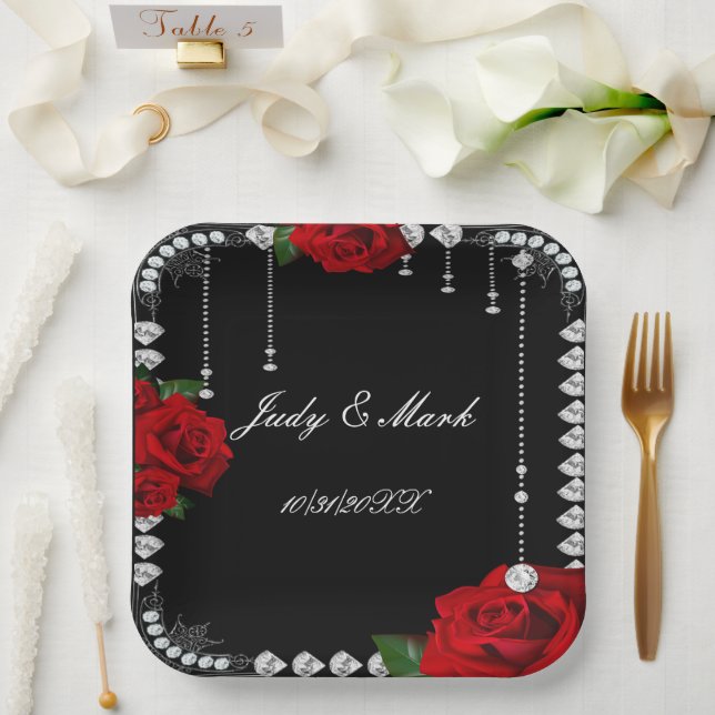 Romantic Red Roses And Diamonds Paper Plates (Wedding)