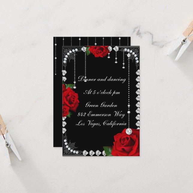 Romantic Red Roses And Diamonds Reception Card (Front/Back In Situ)