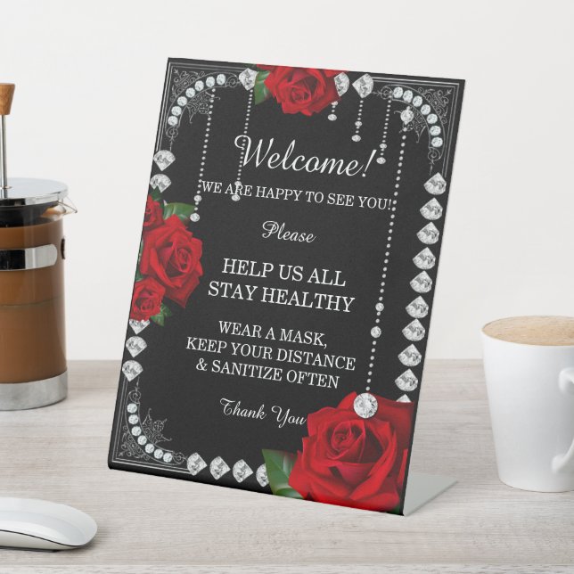 Romantic Red Roses And Diamonds Safety Measures Pedestal Sign (In SItu)