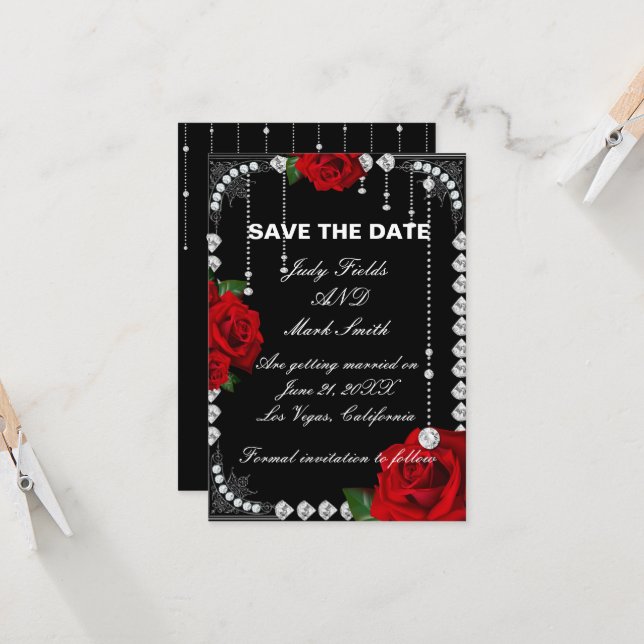 Romantic Red Roses And Diamonds Save The Date (Front/Back In Situ)