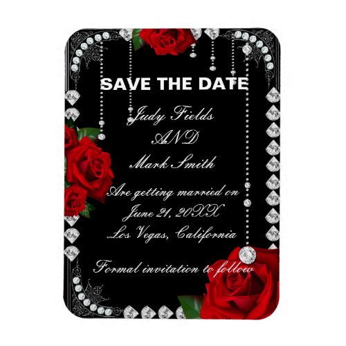 Romantic Red Roses And Diamonds Save The Date Magnet