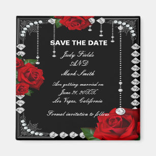 Romantic Red Roses And Diamonds Save The Date Magnet