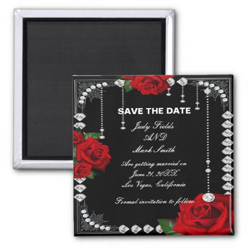 Romantic Red Roses And Diamonds Save The Date Magnet