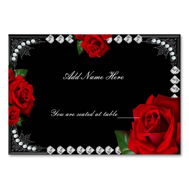 Romantic Red Roses And Diamonds Table Place Card (Front)