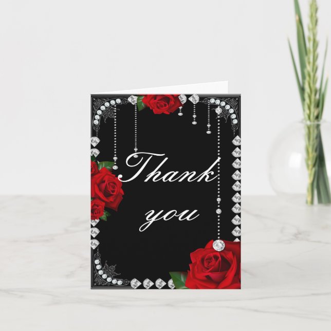 Romantic Red Roses And Diamonds Thank You Card (Front)