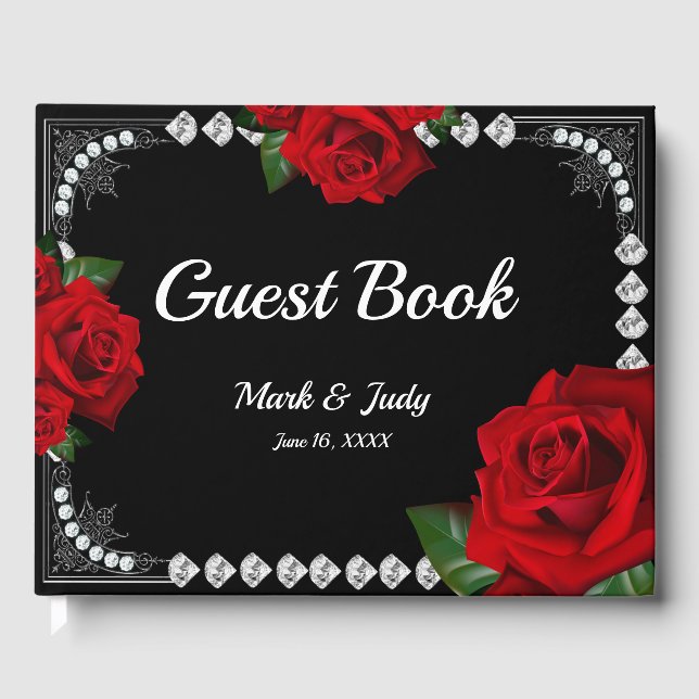 Romantic Red Roses And Diamonds Wedding Guest Book (Front)