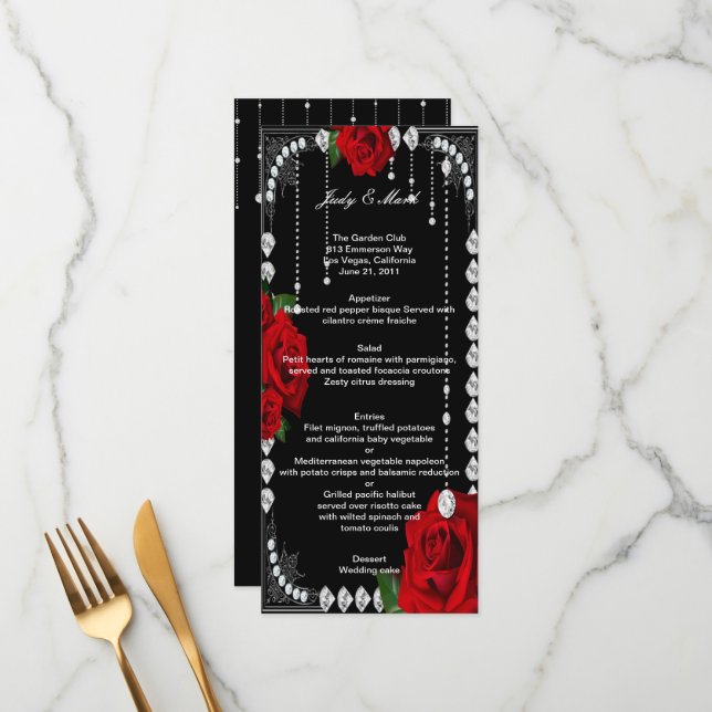 Romantic Red Roses And Diamonds Wedding Menu (Front/Back In Situ)
