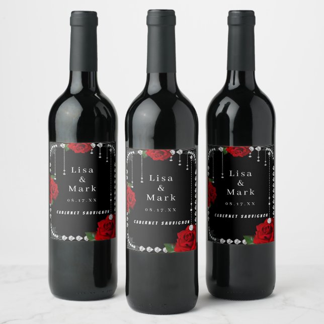 Romantic Red Roses And Diamonds Wine Labels (Bottles)
