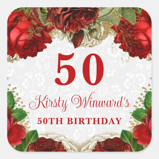 Romantic Red Roses And Gold Glitter 50th Birthday Square Sticker Zazzle