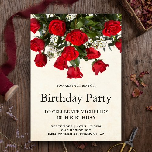 Romantic Red Roses Bouquet Birthday Party Invitation