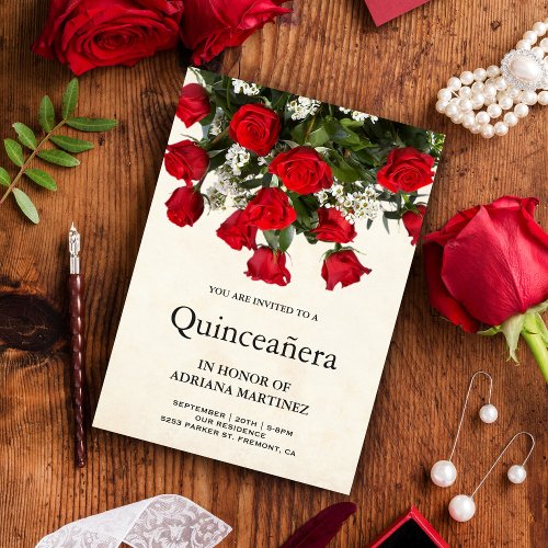 Romantic Red Roses Bouquet Quinceanera Invitation