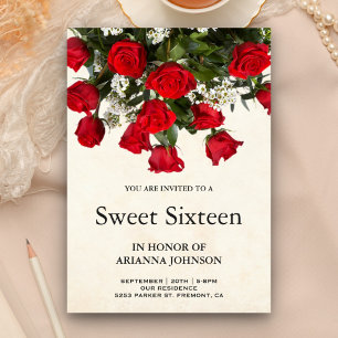 Romantic Red Roses Bouquet Sweet Sixteen Invitation