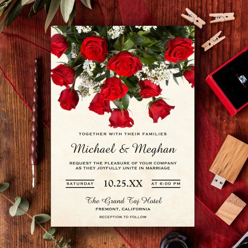 Romantic Red Roses Bouquet Wedding Invitation