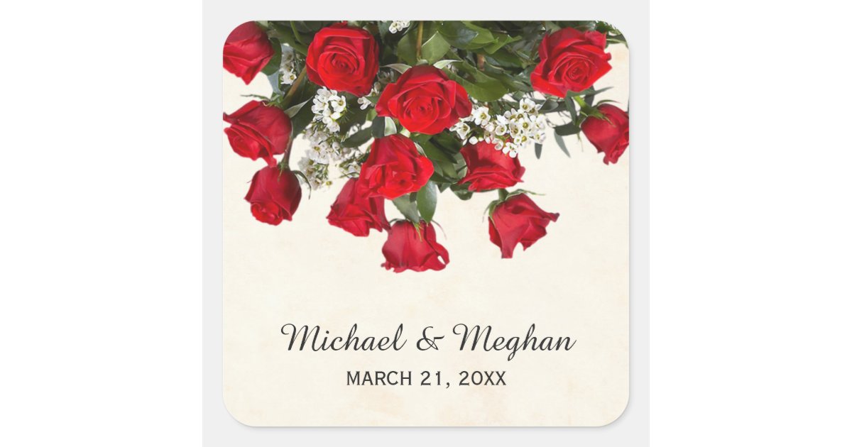 Romantic Red Roses Bouquet Wedding Square Sticker | Zazzle