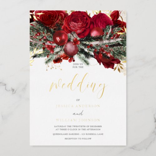 Romantic Red Roses Christmas Wedding Gold Foil Invitation