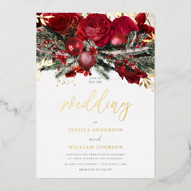 Romantic Red Roses Christmas Wedding Gold Foil Invitation (Front)