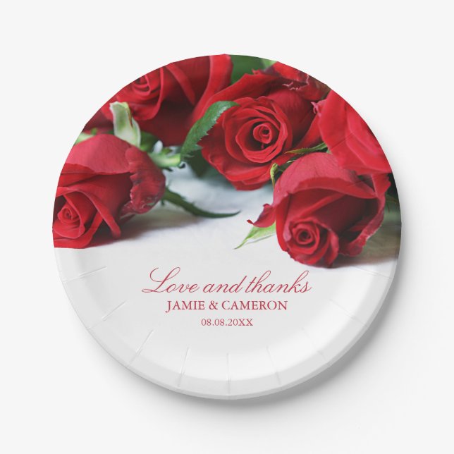 Romantic Red Roses Custom Names Wedding Paper Plates (Front)
