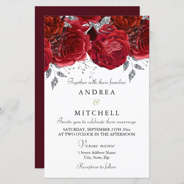 Romantic Red Roses Discount Budget Wedding Invite (Front/Back)