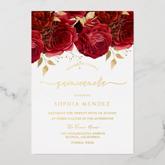 Romantic Red Roses Elegant Quinceanera Party Gold Foil Invitation (Front)