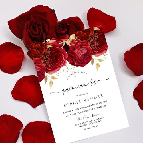 Romantic Red Roses Elegant Quinceanera Party Invitation