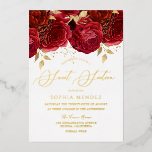 Romantic Red Roses Elegant Sweet 16 Party Gold Foil Invitation