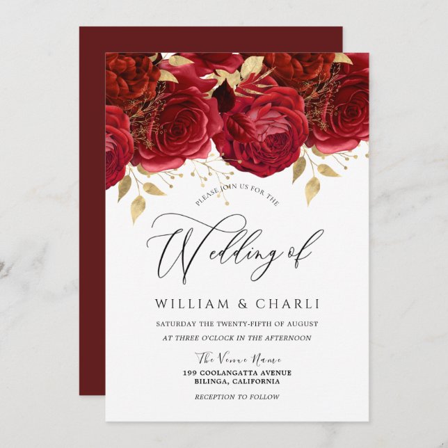 Romantic Red Roses Elegant Wedding Invitation (Front/Back)