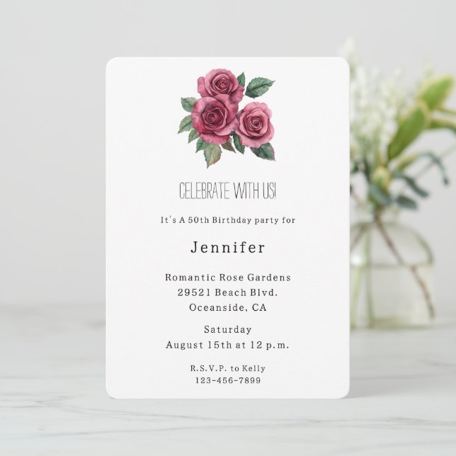 Romantic Red Roses Floral Birthday Invitation (Standing Front)