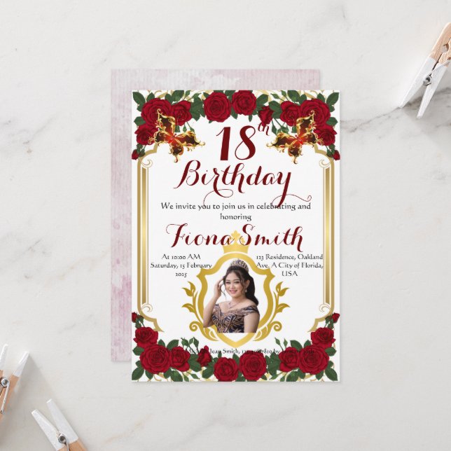 Romantic Red Roses Floral Birthday Invitation Card (Front/Back In Situ)